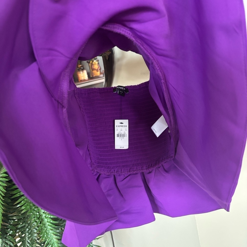 Brand New Express Purple Ruffle Crop Top Smocked Stretch Back Tailored Blouse - Picture 12 of 14